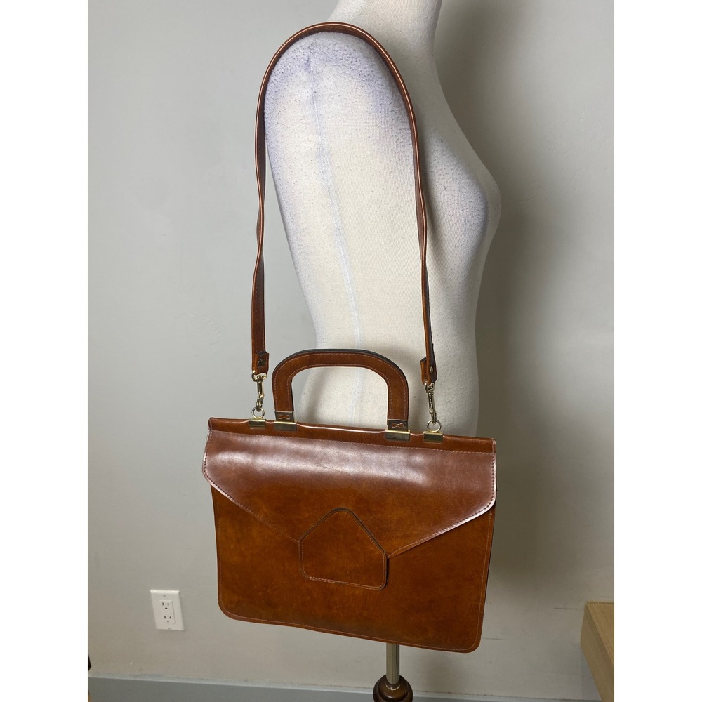 Vintage 70s Brown Leather Briefcase Satchel Bag Retro Top Handle Strap